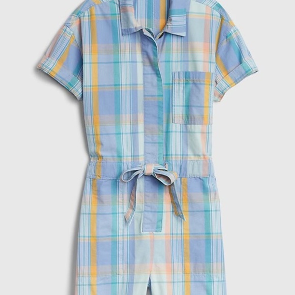 Gap Sz 14 Short Sleeve Plaid Romper Drawstring Waist Pockets Button Down - Picture 4 of 14
